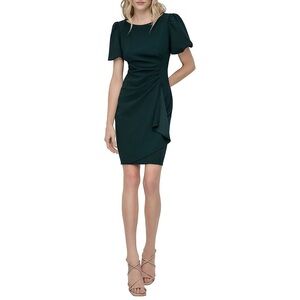 DKNY Women Stretch Crepe Boat Neckline Dark Green Mini Dress. Sz 12